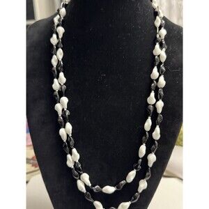 Vintage Black and White Acrylic Bead Necklace 54" Long